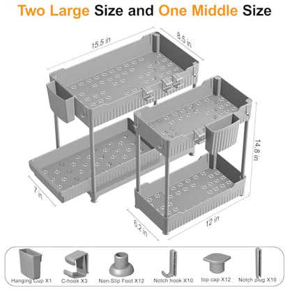 Sevenblue 3 Pack Under Sink Organizers, 2-Tier Multi-Use Kitchen and Bathroom Organizers and Storage with Sliding Drawers, Bathroom Cabinet Organizer (Gray, 14.8 Inch) | Multi-use kitchen & bathroom storage, 14.8 inch gray cabinet organizer, space-saving