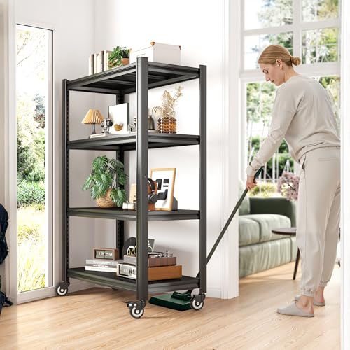 REIBII Rolling Storage Shelves Adjustable Shelf for Kitchen Office | 2080 LBS capacity,59.8" H x 31.5" W x 16.5" D,4 Tier,Black,Solid metal panels，360°wheels with lock,Boltless 10min assembly
