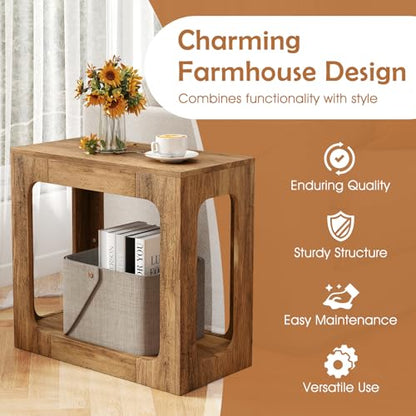 GOFLAME Narrow End Table Set of 2, Farmhouse Wood Sofa Side Table 2-Tier with Storage Shelf, Arched Rustic Small Accent Tables, Rectangular Compact Night Stand for Living Room, Bedroom, Oak - color: Oak