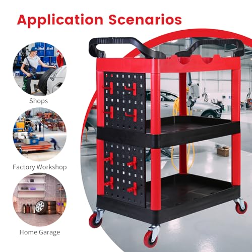 MaxWorks 50886 3 Shelf Rolling Utility Service Cart with Storage Carts and Bottle Holders with Side Hanging Hook 440-lb Capacity - style: 3 Shelves w/ bottle holder