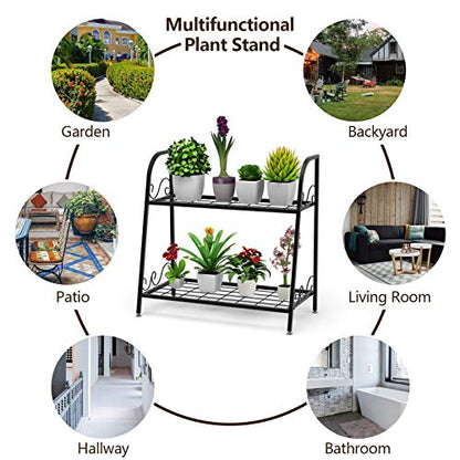 Giantex 2 Tier Metal Plant Stand, Indoor Outdoor Plant Shelf, Flower Rack Display Shelf, Flower Pots Holder with Adjustable Feet for Garden, Balcony, Living Room (2-tier (25'' x 12'' x 24.5''))