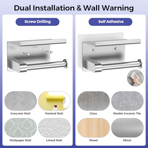 Bntuk Toilet Paper Holder with Shelf, Self-Adhesive or Screw Wall Mount Toilet Paper Holder with Wipes Storage, Rustproof Stainless Steel Tissue Roll Holder for Bathroom Washroom (Brushed Nickel) - color: Silver
