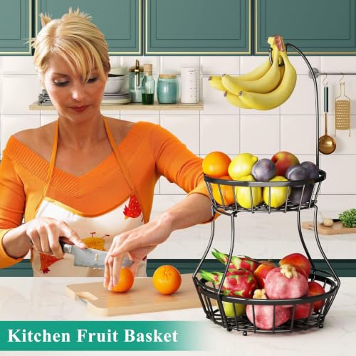SAYZH 2-Tier Fruit Basket Bowl Stackable Vegetable Storage with Banana Tree Hanger Stand for Kitchen Countertop, Metal Wire Basket for Bread Onions Potatoes (Black)