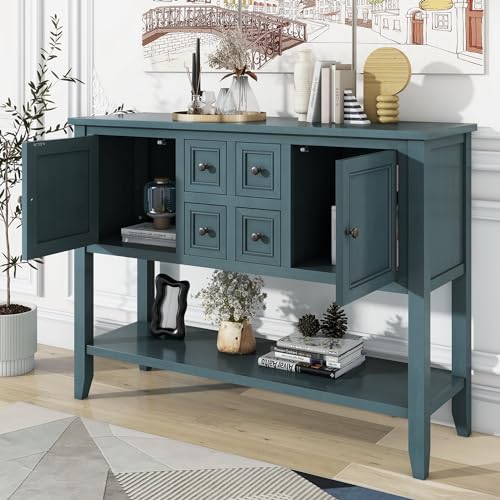 P PURLOVE Console Table Buffet Sideboard Sofa Table with Drawers Cabinets and Bottom Shelf (Dark Blue) - color: Dark Blue