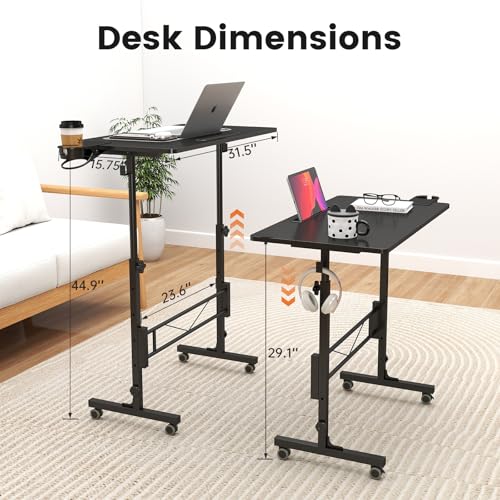 Hadulcet Small Standing Desk Adjustable Height, Mobile Stand Up Desk with Wheels, Portable Walking Pad Table Stand, Rolling Laptop Cart for Standing or Sitting, Black - color: Black