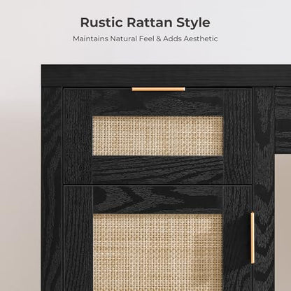 SICOTAS 52 Inch Vanity Table Rattan Vanity Home Office Desk with 3 Drawers | 2 Pieces Farmhouse Boho Makeup Vanity Dressing Table with Large Storage, Vanities Desk for Makeup Room, Bedroom, Office - size: 2 Pieces, style: Black Oak