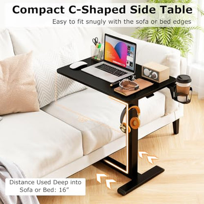 Tangkula Mobile Standing Desk, Pneumatic Height Adjustable Rolling Desk with Cup Holder & Headphone Hook, Overbed Table with Hidden Wheels, Laptop Computer Cart for Couch, Home, Office (Black) - color: Black