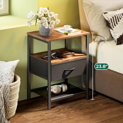 Huuger Nightstand Set of 2, Night Stand with Fabric Drawer, Mesh Shelf, Side Table with Storage, Fabric Drawer Dresser, Open Shelf, Metal Frame, Bedroom, Rustic Brown and Black - color: Rustic Brown and Black