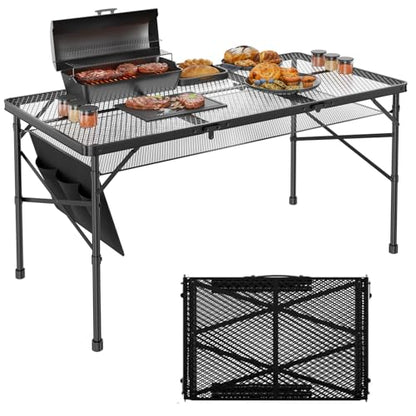 WildFinder Folding Gril Table, 4x2 FT Camping Table with Mesh Desktop,Height Adjustable Folding Grill Table with Mesh Bag,Portable Outdoor for Picnic,Camping,BBQ,Beach(Black) - size: 4x2FT