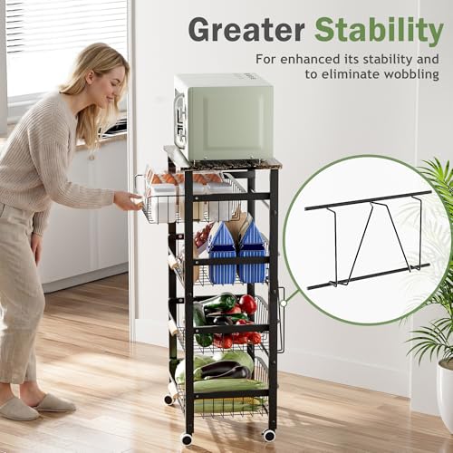 JAQ 5-Tier Fruit Vegetable Storage Cart with Wood Top, Rolling Kitchen Basket Organizer with Ergonomic Wood Handle & Wheels for Snacks Produce, Heavy Duty Metal Vianderos para Cocina Modernos, Black - color: 5-tier/Black