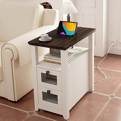 HDDDZSW Farmhouse XXL End Table with Charging Station, Narrow Side Table with USB Ports and Outlets, Nightstand with 2 Drawers Storage, Bedside Tables for Living Room, Bedroom, Rustic Walnut White - color: White