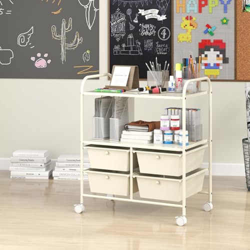 RELAX4LIFE Rolling Storage Cart with 4 Drawers - Utility Cart on Wheels w/2 Shelves & Metal Frame, Paper Scrapbook File Organizer for Home Office School Classroom, Movable Art Craft Cart (White) - color: White