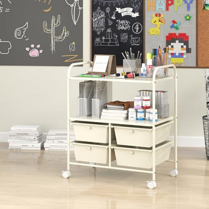 RELAX4LIFE Rolling Storage Cart with 4 Drawers - Utility Cart on Wheels w/2 Shelves & Metal Frame, Paper Scrapbook File Organizer for Home Office School Classroom, Movable Art Craft Cart (White) - color: White
