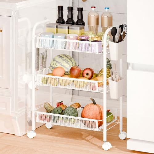 5 Tier Stackable Fruit Vegetable Storage Basket, Metal Mesh Produce Organizer Cart with 360 Degree Swivel Wheels, Rolling Snack Storage Rack, Carbon Steel Pantry Organizer Shelf (White 3-Layers) - color: White 3-layers