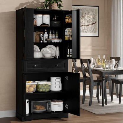 Garvee 71" Kitchen Pantry Cabinet, Barn Door Freestanding Cupboard with Drawer, Sliding Storage Rack, and 6 Hanging Shelves for Kitchen, Dining Room, Living Room Bedroom - color: Black