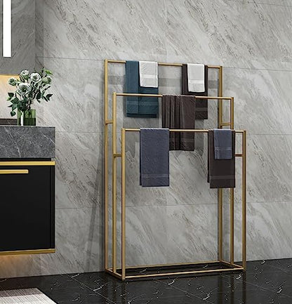 3 Tier Standing Towel Rack - Extra Wide Large Bathroom Towel Stand, Heavy-Duty Metal Towel Drying Rack for Poolside (Matte Gold, 25.6” Wide) - color: Gold