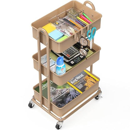 Simple Houseware 3-Tier Heavy Duty Metal Utility Rolling Cart, Khaki - color: Khaki