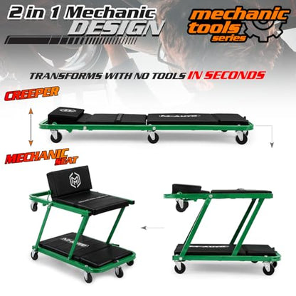 M-AUTO Heavy-Duty Convertible Mechanic Creeper, 48" Padded Adjustable Headrest Roller Garage Chair with 7 Swivel Casters for Washing, Detailing, Maintenance, Green - color: Green, size: 48"
