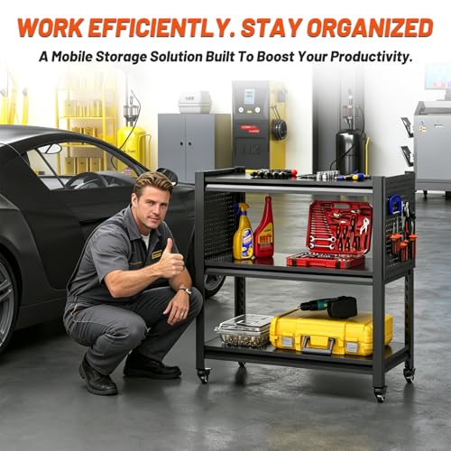3 Tier Tool Cart on Wheels, Heavy Duty Metal Service Cart with Pegboards, 660 LBS Load Capacity Tool Utility Cart, Industrial Utility for Garage, Warehouse, Workshop - size: 13.8"D x 32.7"W x 33.5"H