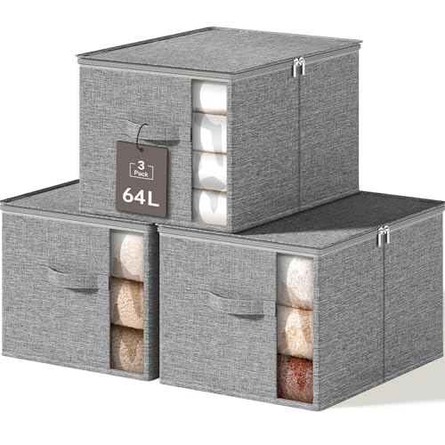 Large Clothes Storage Bins with Sturdy Frame, Foldable Clothing Organizer Box, Sweater Storage Cube with Lids and Zipper, Fabric Bedding Storage Bags for Blankets, Seasonal Clothes, Comforter - color: Grey, size: Large x 3 Packs