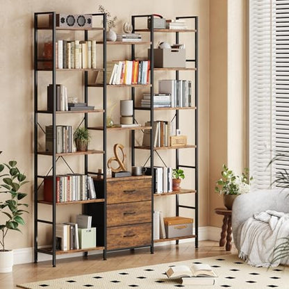 AFLUI Triple Bookshelf with 3 Fabric Drawers, 6-Tier Book Shelf and 10 Display Shelves, Industrial Large Bookcase for Home & Office, Rustic Brown, 47'' Wide - color: Rustic Brown, size: 6 Tier(47" W)