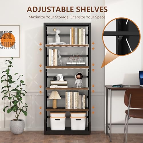 Polup Bookshelf, 5 Tier Metal Bookcase with Adjustable Shelves, Tall White Book Shelf with Bookends, Black Display Shelves for Living Room, Home Office, Library - color: Black, size: 5 Tier-23" W