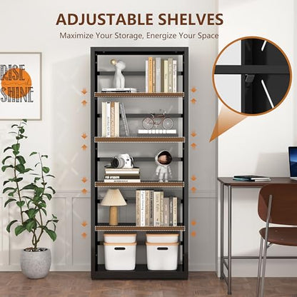Polup Bookshelf, 5 Tier Metal Bookcase with Adjustable Shelves, Tall White Book Shelf with Bookends, Black Display Shelves for Living Room, Home Office, Library - color: Black, size: 5 Tier-23" W