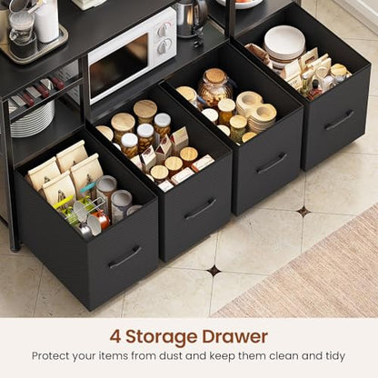 Itaar Bakers Rack with Power Outlet and LED Light, 47.2'' Microwave Stand with Storage, Kitchen Coffee Bar Cabinet with Glass Door, 4 Drawer, Wine Rack, Goblet Holder and 12 Hooks, Black - color: Black