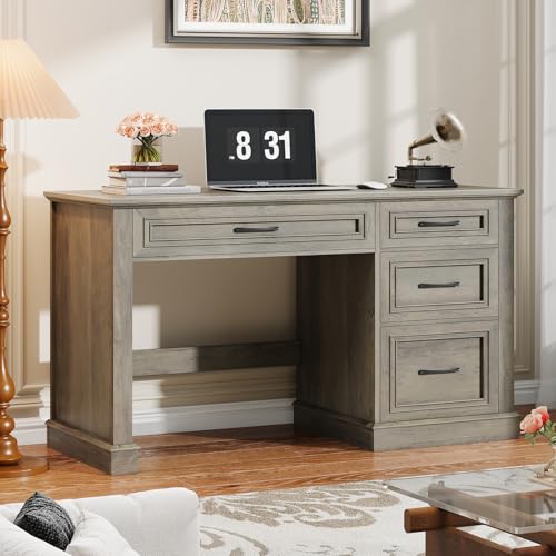 Halitaa Farmhouse 47" Executive Desk, Computer Desk with Drawers and File Drawer, Workstation Computer Desk with Charging Station for Home Office,Study,（Wash Grey） - color: Wash Grey, size: With Charging Station