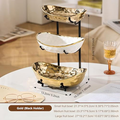 YYW 3 Tier Fruit Bowl for Kitchen Counter, White Gold Silver Ceramic Fruit Stand for Countertop, Home Fruit Rack with Metal Holder, Vegetable Snacks Nuts Bread Candy Storage (Gold (Black Holder）) - color: Gold (Black Holder）