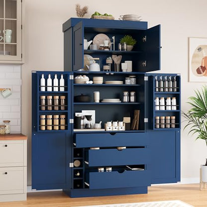 Polibi 77" Tall Freestanding Kitchen Pantry Cabinet, 35" L x 17.7" W Modern Shaker Style Storage Cupboard with Adjustable Shelves, Wine Racks, Drawers, Door Shelves, Blue - color: Blue