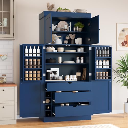 Polibi 77" Tall Freestanding Kitchen Pantry Cabinet, 35" L x 17.7" W Modern Shaker Style Storage Cupboard with Adjustable Shelves, Wine Racks, Drawers, Door Shelves, Blue - color: Blue