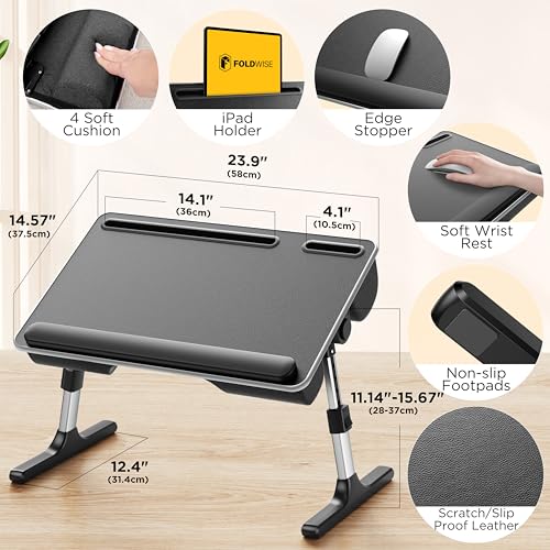 FoldWise 2-in-1 Lap & Bed Desk with Soft Cushions - Adjustable Height & Angle, Foldable Laptop Stand for Bed & Couch - Wrist Rest, iPad Holder, Stopper & Non-Slip Leather - Bed Table for Adults & Kids - color: Black