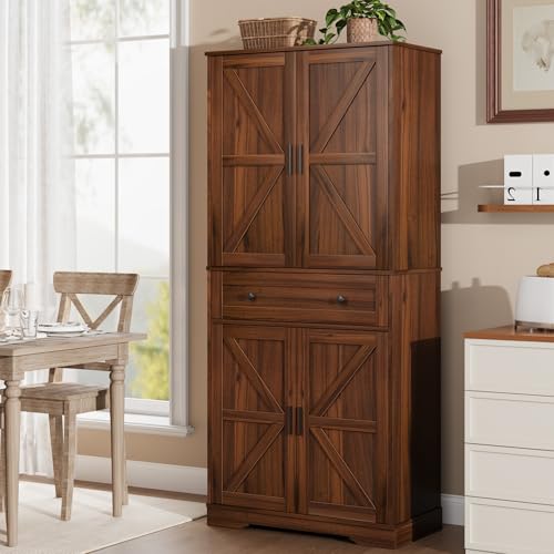 Garvee 71" Kitchen Pantry Cabinet, Barn Door Freestanding Cupboard with Drawer, Sliding Storage Rack, and 6 Hanging Shelves for Kitchen, Dining Room, Living Room Bedroom - color: Walnut