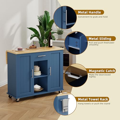 SUNLEI Rolling Kitchen Island Cart with Wheels, Island Table for Kitchen, Farmhouse Kitchen Cart with Drop Leaf & Towel Rack & Drawer, Kitchen Islands Table with Storage Cabinet, Blue - style: Blue