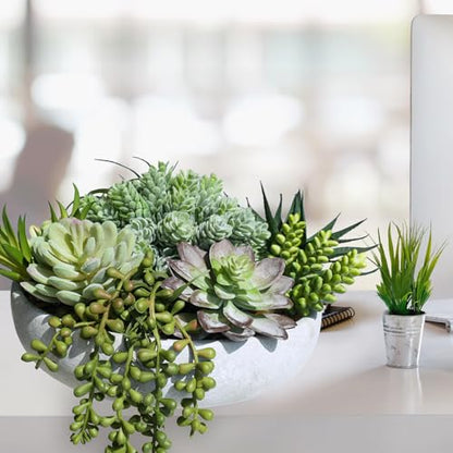 Winlyn 9" Artificial Succulent Arrangement Succulent Plants in Gray Round Planter Faux Potted Succulents for Home Office Bedroom Kitchen Bathroom Table Centerpiece Windowsill Shelf Mantel Decor