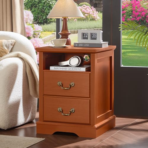 Farmhouse Nightstands with Charging Station,18" End Table with 2 Drawers,Farmhouse Nightstand with Vintage Handles, Bedside Cabinet for Bedroom,Caramel - color: Caramel, size: 1PCS