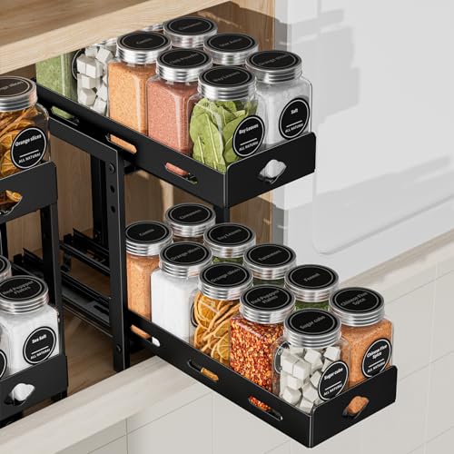 BOIVSHI Pull Out Spice Rack Organizer, 2-Tier Vertical Spice Rack, Height Adjustable for Kitchen Cabinet (5.3''Wx10.8''Dx9.2''H, Metal Black) - size: 5.3''Wx10.8''Dx9.2''H,2 Tier