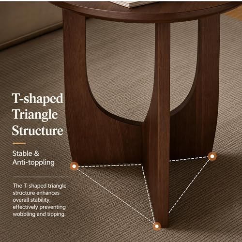 100% Solid Wood Round Side Table, 19.7'' Walnut Brown Small End Table, Sofa Side Table with Sculptural Curved Base, Minimalist Accent Table for Living Room, Bedroom, Reading Nook