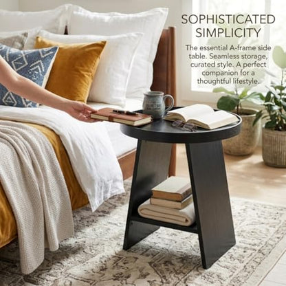 2-Tier Round End Table with 17.7 inch Tray Top, Black | 2-Tier Side Table with Storage Shelf, Modern Farmhouse Industrial Wood Nightstand for Living Room, Bedroom, Small Spaces - color: Black