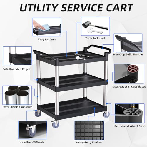 Utility Cart with Tangle-Free Wheels, 3 Tier Rolling Cart, Restaurant Cart | 2 with Brakes, Heavy Duty 350 Lbs Capacity,Commercial Serving Cart for Home, Office, Restaurant, Warehouse. - size: 34"×17"×38" M