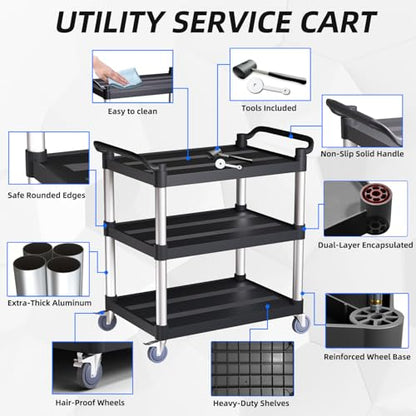 Utility Cart with Tangle-Free Wheels, 3 Tier Rolling Cart, Restaurant Cart | 2 with Brakes, Heavy Duty 350 Lbs Capacity,Commercial Serving Cart for Home, Office, Restaurant, Warehouse. - size: 34"×17"×38" M