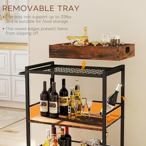 3 Tier Kitchen Cart, Rolling Bar Cart, Rustic Brown&Black | SKANDIQUIP 3 Tier Rolling Bar Cart, Mobile Kitchen Serving Cart for Tea, Coffee & Liquor with Removable Tray