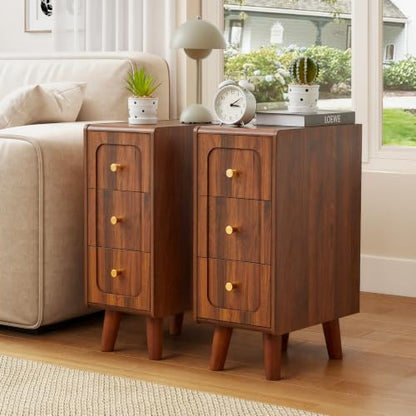 Small Nightstand Set of 2, Narrow Nightstand Slim Couch Side Table with Drawers, Wood End Tables with Storage for Living Room, Bedroom, Small Spaces (Walnut-2pcs) - color: 3drawers-walnut-2pcs
