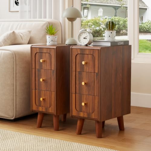 Small Nightstand Set of 2, Narrow Nightstand Slim Couch Side Table with Drawers, Wood End Tables with Storage for Living Room, Bedroom, Small Spaces (Walnut-2pcs) - color: Walnut-2pcs, size: 3 Drawers