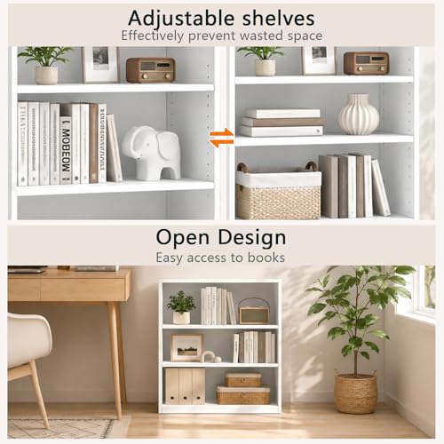 Wooden 3-Tier Bookshelf, White, 31.5" Tall | Adjustable, Open Storage Shelf Unit - color: White, size: 3-Tier