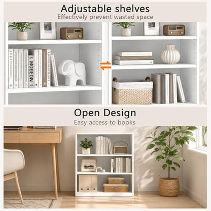 Wooden 3-Tier Bookshelf, White, 31.5" Tall | Adjustable, Open Storage Shelf Unit - color: White, size: 3-Tier