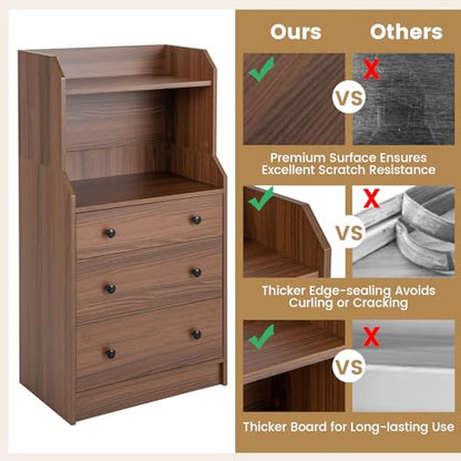 LDAILY Moccha 3 Drawers Dresser with Shelf, Modern Dresser Tower with 2 Open Shelves, Chest of Drawers with Anti-toppling Device, Tall Storage Dresser Nightstand, Living Room, Walnut - color: Walnut