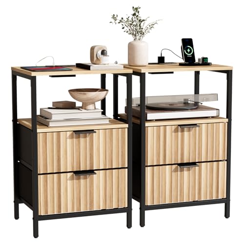 Bonnlo Fluted Nightstand Set of 2, Fabric Dresser with 2 Drawers and 1 Shelf, Bedside Table/End Table with Charging Station, Nightstand for Bedroom, Livingroom, College Dorm, Oak - color: Oak, size: 2 Drawer