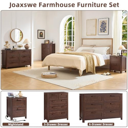 Joaxswe Farmhouse Night Stand with Charging Station, End Tables Bedroom with 2 Large Drawers & 4 Thickened Table Legs, Walnut - color: Walnut, size: 16"D x 19.7"W x 23.6"H (2 Drawers)